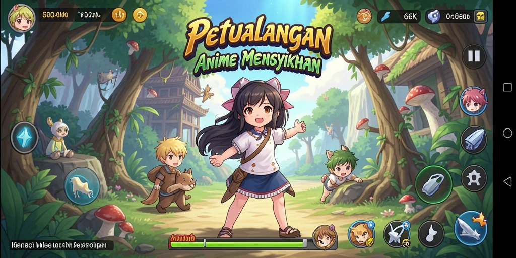 Tampilan gameplay 66K yang penuh warna dan karakter anime.