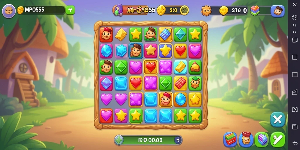 Tampilan gameplay MPO555 dengan berbagai permata berwarna-warni.