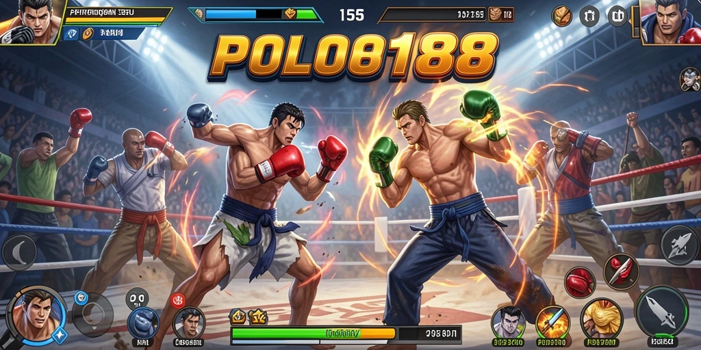 Screenshot pertarungan seru dalam POLO188 dengan karakter unik.