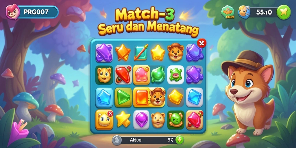 Tangkapan layar dari PRG007 menampilkan gameplay Match-3 yang seru.