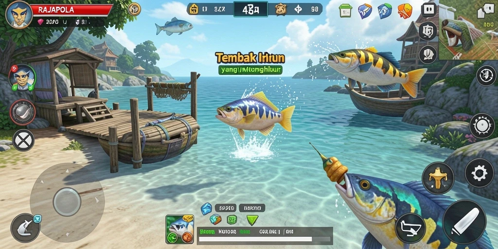 Screenshot gameplay RAJAPOLA dengan aksi menembak ikan yang seru.