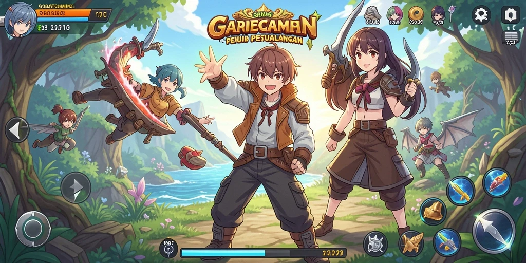 Tampilan gameplay SOBATGAMING dengan karakter anime yang dinamis.