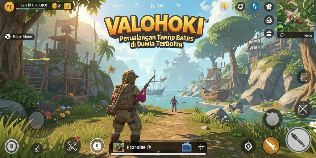 Tampilan gameplay VALOHOKI dalam dunia terbuka yang luas dan memukau.