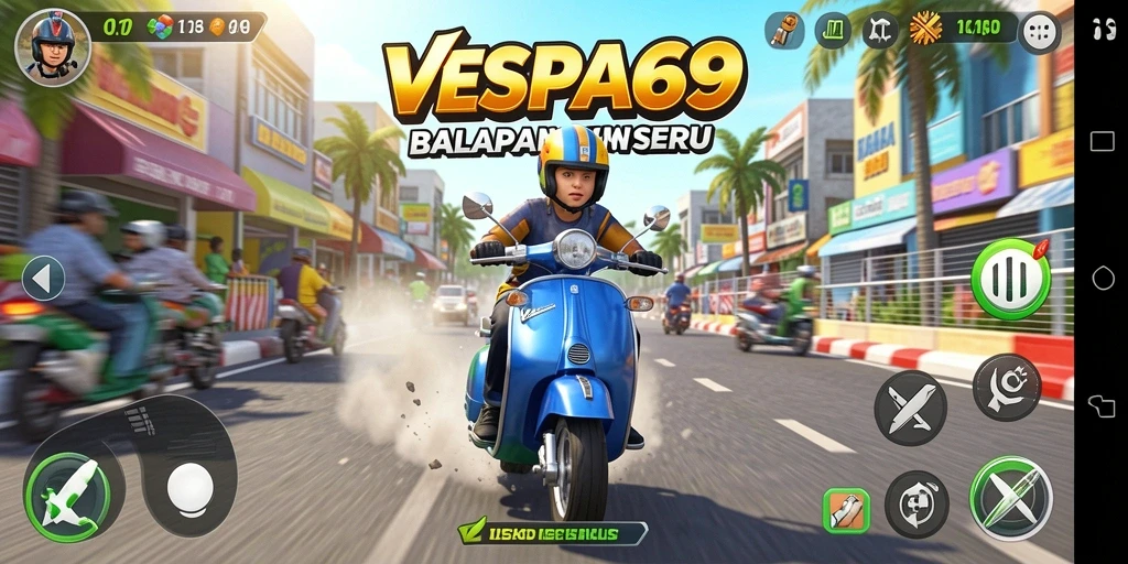 Tampilan gameplay VESPA69 dengan Vespa balapan yang seru.