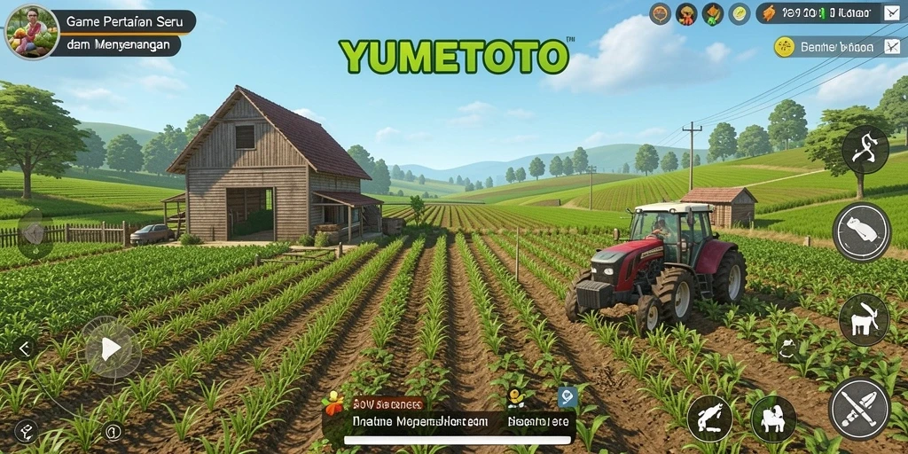 Screenshot gameplay YUMETOTO yang menampilkan suasana pertanian yang indah.